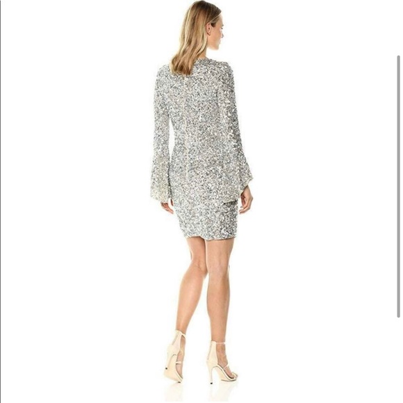 Parker Rachael Dress Silver Sequin Bell Sleeve - Picture 3 of 3